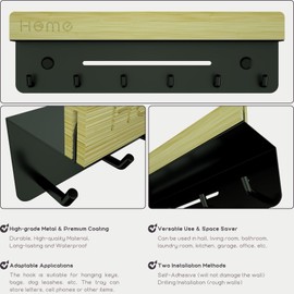 TEEQZIO Key Holder Wall Mount Decorative Key and Mail Holder with Shelf 6 Key Hooks for Wall - Key Rack for Hallway Kitchen Decor entryway, Office, Bathroom, Living Room (Black/Bamboo)