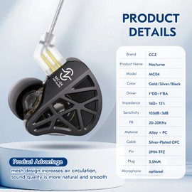 CCZ MC04 1DD + 1BA Hollow Design in Ear Earphone, Bass Sound Wired Earbuds, Silver Plated OFC Cable, in Ear Monitors IEM Earphones with Tangle Controller 3.5mm Plug Detachable 2pin TFZ (Black, No Mic)