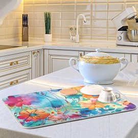 Colorful Beautiful Flowers Dish Drying Mat for Kitchen Counter Absorbent Microfiber Dish Drying Pad Drainer Mat, Medium 40x46 cm