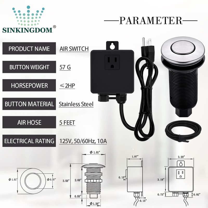 SINKINGDOM Garbage Disposal SinkTop Air Switch Kit with Long Button,Brass