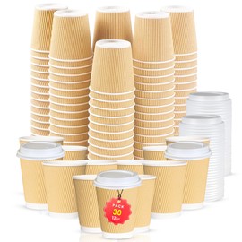 CHEF ROYALE 30x 12oz Disposable Kraft Ripple Paper Hot Coffee Cups with Lids - Paper Cups for Hot and Cold Drinks - Insulated Takeaway Coffee Cups for Eco-Friendly Hot Cups Birthday Party (30, 12oz)