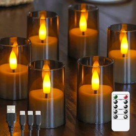 Wroxipel Rechargeable Acrylic Flameless Votive Candles with Timer & Remote Control, 1.7" x2.5" Flickering LED Warm Glow Tealight for Home, Wedding, Holiday Decor (Set of 6, Grey)