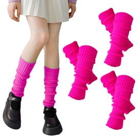 FUIPVGI 3 Pairs Leg Warmers, Knitted Neon Leg Warmers for Women and Girls, Winter Boot Warmers, Warm Knee Warmers, Fashion Long Boot Cuff, Knee Socks, Ribbed Leg Warmers for Dance, Rose Red