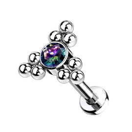Pierced Owl 16G Implant Grade Titanium Internally Threaded CZ Crystal Triple Ball Cluster Flat Back Labret Monroe Lip Cartilage Helix Conch Ear Lobe Stud (Vitrail Medium, Bar Length: 8mm)
