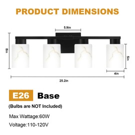 Mieloxiy 4-Light Bathroom Light Fixtures, Modern Vanity Lights, Black Metal Wall Lamp with White Marble Glass for Bathroom, Mirror, Living Room, Bedroom, Cabinet, Porch, Hallway, E26 Base