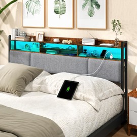 Livofloral King Size Upholstered Headboard with 2 Outlets and LED Lights, King Bed Headboard with Charging Station & Storage Shelves, King Headboard Only, Height Adjustable, Easy Assembly, Brown