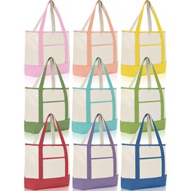 Sanwuta 9 Pcs Canvas Tote Bags with Pocket 17.7'' Reusable Grocery Shopping Cloth Bag for Women Men DIY Craft (Macaron Colors)