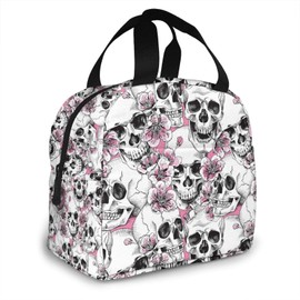 JASMODER Skull With Flowers Pink Cherry Lunch Bag Insulated Lunch Box Leakproof Cooler Cooling Tote With Front Pocket For Men Women…