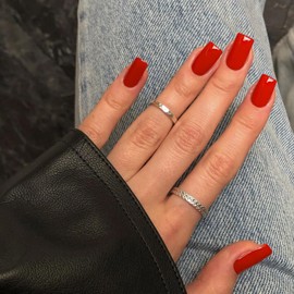 Red Press on Nails Medium Short Square,Xcreando Fake Nails Acrylic Nails Set,False Nails Glue on Nails,Natural Nails Press ons Nails,Stick on Nails for Women in 24 PCS