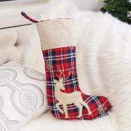 Homey COZY 20" Christmas Stocking,Reindeer Plaid Large Embroidered Classic Xmas Sock Holiday Decoration Gift 13x20