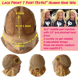 22" Brazilian Blonde Human Hair Wig Deep Wave Pre Plucked 13x4x1" Lace Front T Part Wavy Wig With Baby Hair Full Head 150% Density Bouncy Curls Long Glueless Wig for Black Women