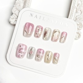 30pcs Pink Press on Nails Short Square Fake Nails with 3D Gold Star Moon Butterfly Designs Glitter Glue on Nails Cute False Nails Pink Full Cover Acrylic Nails Stick on Nails for Women