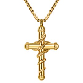 JewelryWe Unisex Cross Urn Necklace: Men Women Gold Crucifix Memorial Ashes Stainless Steel Snake Wrapped Cremation Jewelry Keepsake 23 in Chain Pendant