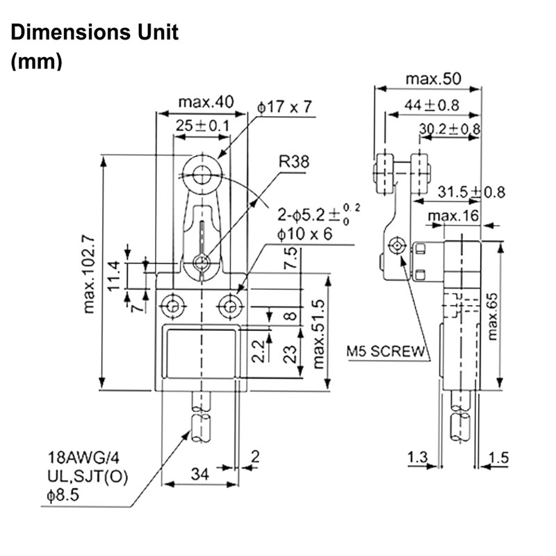 Heschen Compact Pre-Wired Limit Switch, TZ-3104, Roller Lever Plunger, SPDT,