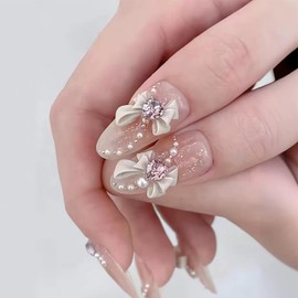 YOVOY Nail Tip, 3D Nail, Cute, False Nail, Short, Nail Tip, Nail Seal, Pink, Black, Cute, Stylish, Nail Tip, Long, Popular, Round Tip, Short, Long, 24 Pieces (Pearl and Ribbon)