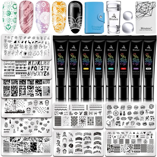 Biutee Nail Stamping Set, Nail Art Stamping Set with 8 Colours Stamping Gel and 10 Nail Stamping Stencil