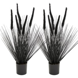 KOL Artificial 2ft 2-Pack Horsetail Reed Grass, 23.6in Artificial Indoor Outdoor Fake Grass Plant, Home Office Decor Artificial Plants & Flowers in Pot Faux Plant Greenery, Housewarming Gift, Black