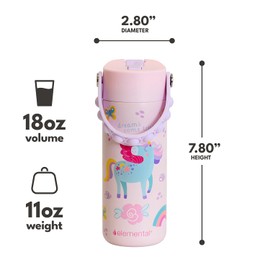 Elemental 100% Leak Proof When Spout is Closed Insulated Kids Water Bottle, Stainless Steel Bottle for School with Straw Lid & Pop-It Handle, for Travel and Sports, 18oz - Unicorn Rainbow