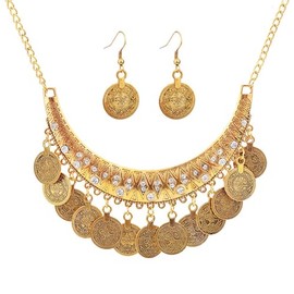 Bohemian Coin Chandelier Bib Necklace Earrings Set Gold Silver Plated Vintage Statement Gypsy Big Disc Coins Tassel Chic Rhinestone Jewelry Set for Women Boho Ethnic Style Festival Party Jewelry Gifts (Gold)