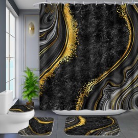 Poedist 4 Pcs Shower Curtain Set,Black Marble Bathroom Set, Shower Curtain Sets with Rugs(Bath Mat,U Shape and Toilet Lid Cover Mat) and 12 Hooks
