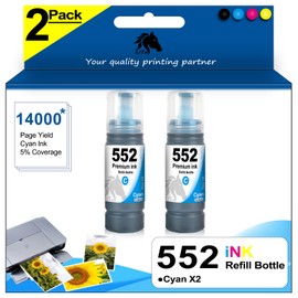LiTuhorse LiTuhorse 2-Pack T552 552 Cyan Ink Refill Bottles for ET-8500 ET-8550 8500 8550 Printer, High Capacity 552 C 552C T552C 552CS T552CS Ink Bottle (T552220-S)