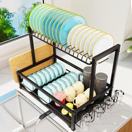 Simple Trending Rust Resistant Dish Rack with Drainboard, 2 Tier Large Capacity Stainless Steel Dish Drying Rack Kitchen Storage Sink Organizer, Black
