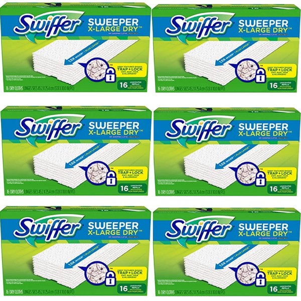 Sweeper XL Dry Sweeping Pad Refills for Floor mop Unscented 16 Count (Pack of 6)