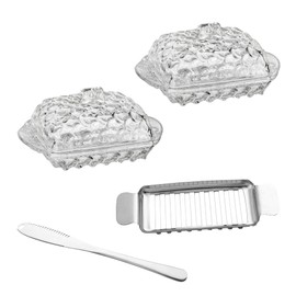 4-Pack Small Glass Serving Dish with Cover for Butter, Cream Cheese & Small Fruits, Clear Tray Refrigerator & Countertop (Includes Butter Knife & Cutter)