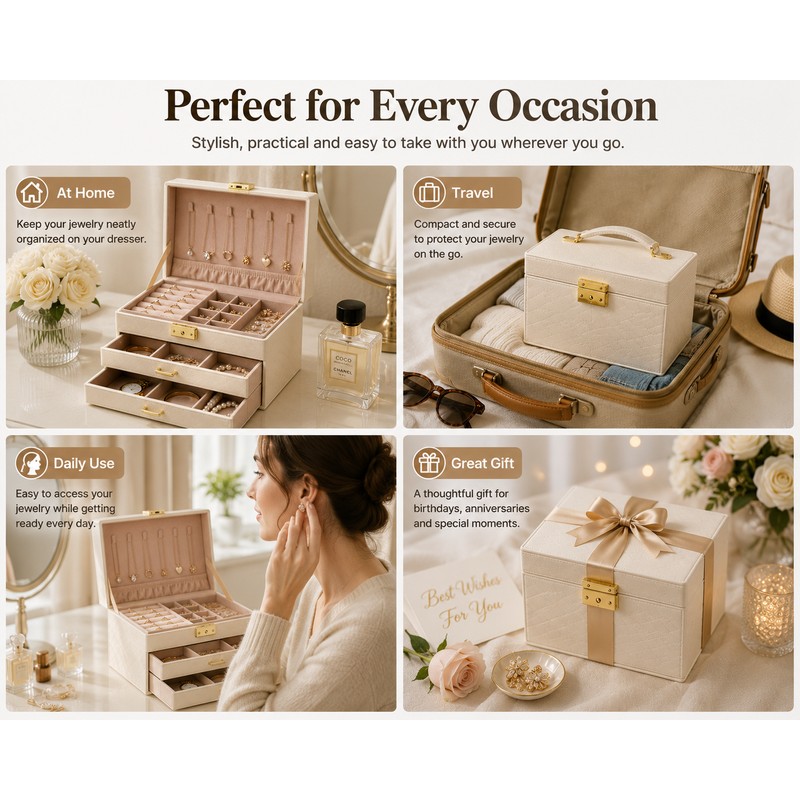 White Leather Jewelry Storage Box with Three Layers and Removable