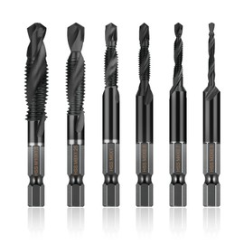6-Piece Tap Set, Combi Drill Bit with M3 x 0.5 M4 x 0.7 M5 x 0.8 M6 x 1.0 M8 x 1.25 M10 x 1.5 Sizes, High Speed Steel Tap Set, Titanium Coating, 6 mm Hex Shank for Metal and Wood