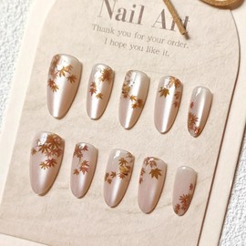 30Pcs Autumn Maple Leaf Press on Nails Medium Almond Fake Nails with Glitter Designs Full Cover Fall Acrylic Nails Reusable Thanksgiving False Nail Kit Fall Leaves Stick on Nails for Women
