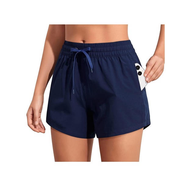 Aqua Eve - Pantalones cortos de natación para mujer, de cintura alta, pantalones cortos deportivos con bolsillos, 3 pulgadas, Azul marino, XXL
