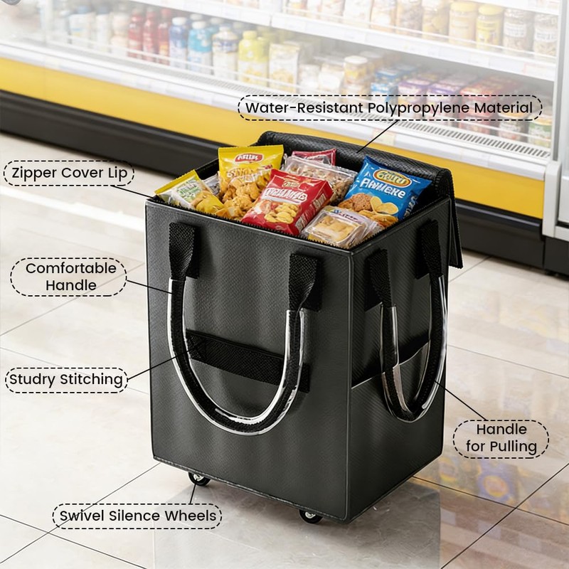 Dexmary Rolling Tote Bag on 4 Wheels, Reusable Grocery Bag