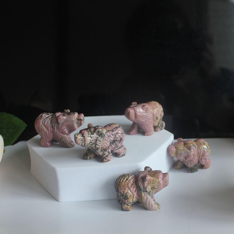 Hand Carved Mixed Gemstone Crystal Bear Figurine Animal Carving (Rhodonite)