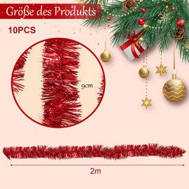 Christmas Tinsel Garland, Pack of 10 x 2 m Christmas Garlands, Glossy, Metallic Garland, Glittering Hanging Decoration, Hanging Decoration for Christmas Tree, Wreath, Wedding Party (Red)
