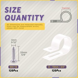 Swpeet 120 Pack White 3/4 Inch Nylon Plastic R-Type Cable Clips Clamp Kit, Nylon Screw Mounting Cord Fastener Clips with 120 Pack Screws for Wire Management (3/4 Inch, White)