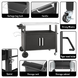 Dining Cart Table with Big Storage Cabinet, Movable Outdoor BBQ Grill Table Pizza Oven Stand, Kitchen Cart Island Multifunctional Food Prep Table for Inside and Outside