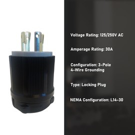 OCS Parts NEMA L14-30 Locking Plug |125/250 Volt - 30 Amp - 3 Pole 4 Wire | cUL Listed Replacement Plugs (L14-30 Plug)