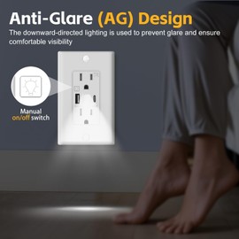 USB Outlet with Night Light,15 Amp Wall Outlets with Nightlight, 5V 4.8A Tamper-Resistant Electrical Receptacle with Type A & Type C Ports, Wallplate Included, ETL Listed(Daylight White LED, 1-Pack)