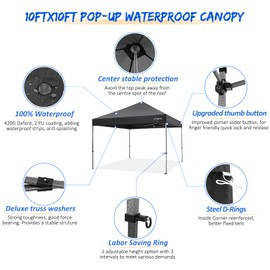 COBIZI 10x10 Pop Up Canopy Tent with 4 sidewalls Commercial Heavy Duty Canopy UPF 50+ All Weather Waterproof Outdoor Canopy Wedding Tents for Parties Gazebo with Roller Bag, Black (Windproof Upgraded)