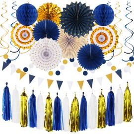 Decoraciones para Fiestas de Graduación Azul Marino-Blanco-Dorado - Kit de 33 Piezas Pancarta, Serpentinas Guirnalda de Borlas, Pompones de Papel Tissue Panal, Abanicos de Linternas de Papel