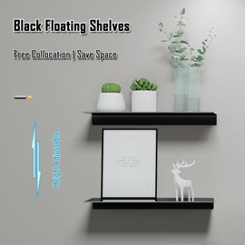 HNVNER Metal Floating Shelves set of 2, Length 29.6CM, Black Wall Shelf for Bathroom, Display Shelves for Wall Decorative for Living Room, Bedroom, Hallway, Office