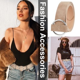 XZQTIVE Women's Leather Belt with Circle Buckle No Pin & Hole Adjustable Waist Belt for Jeans, khaki