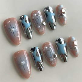Almond Press on Nails Medium Fake Nails with Swirl Silver Designs False Nails Glossy Blue Glue on Nails for Women 24pcs