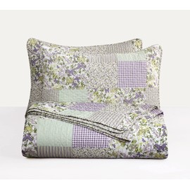 Chezmoi Collection Daisy 3-Piece Printed Patchwork Quilt Set - Purple Butterfly Botanical Candy Stripe Checkered Coverlet - Pre-Washed Microfiber Lightweight Reversible Bedspread, King Size