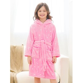 Doctor Unicorn Soft Hooded Rainbow Bathrobe Sleepwear for Girls (White Pink Stars, 6-7 Years)