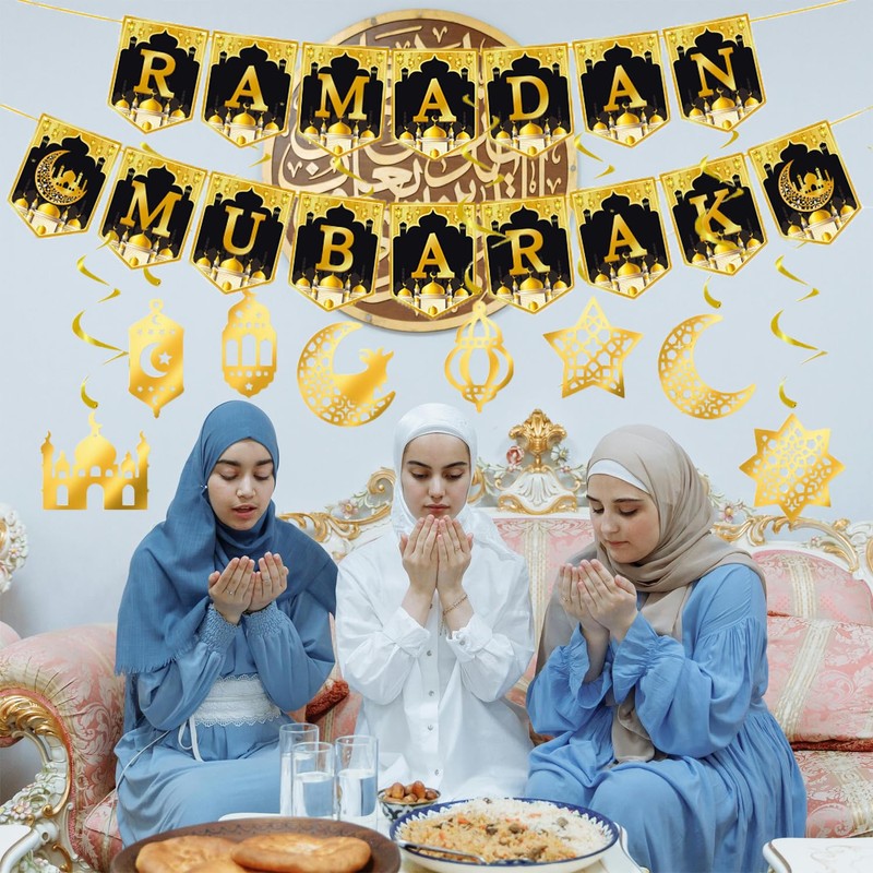 DWEARTY Ramadan Mubarak Banner and 8 Ramadan Hanging Swirl Decorations