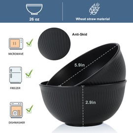 Wrova - Juego de 8 cuencos de paja de trigo irrompible de 26 onzas, cuencos aptos para microondas y lavaplatos, tazón para niños adecuado para cereales, ensaladas, aperitivos y sopa Winter-Pure Negro