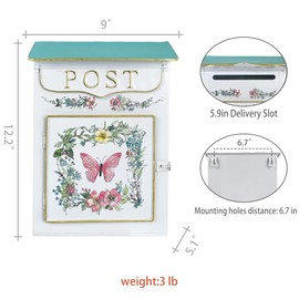 Z² BellaDecor Mailbox Wall Mount Mailboxes for Outside Vintage Mail Boxes for House Outside Metal Drop Box Antique Style Nostalgic Charm Home Decorative, Butterfly Pattern, White