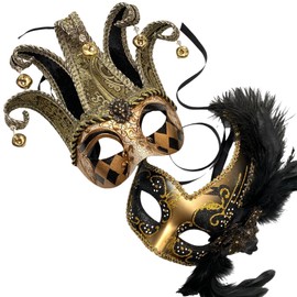 MasqStudio Couples Masquerade Jolly Jester Mask Cosplay Mardi Gras Prom Dance Birthday Party Wear or Deco (Black Gold)